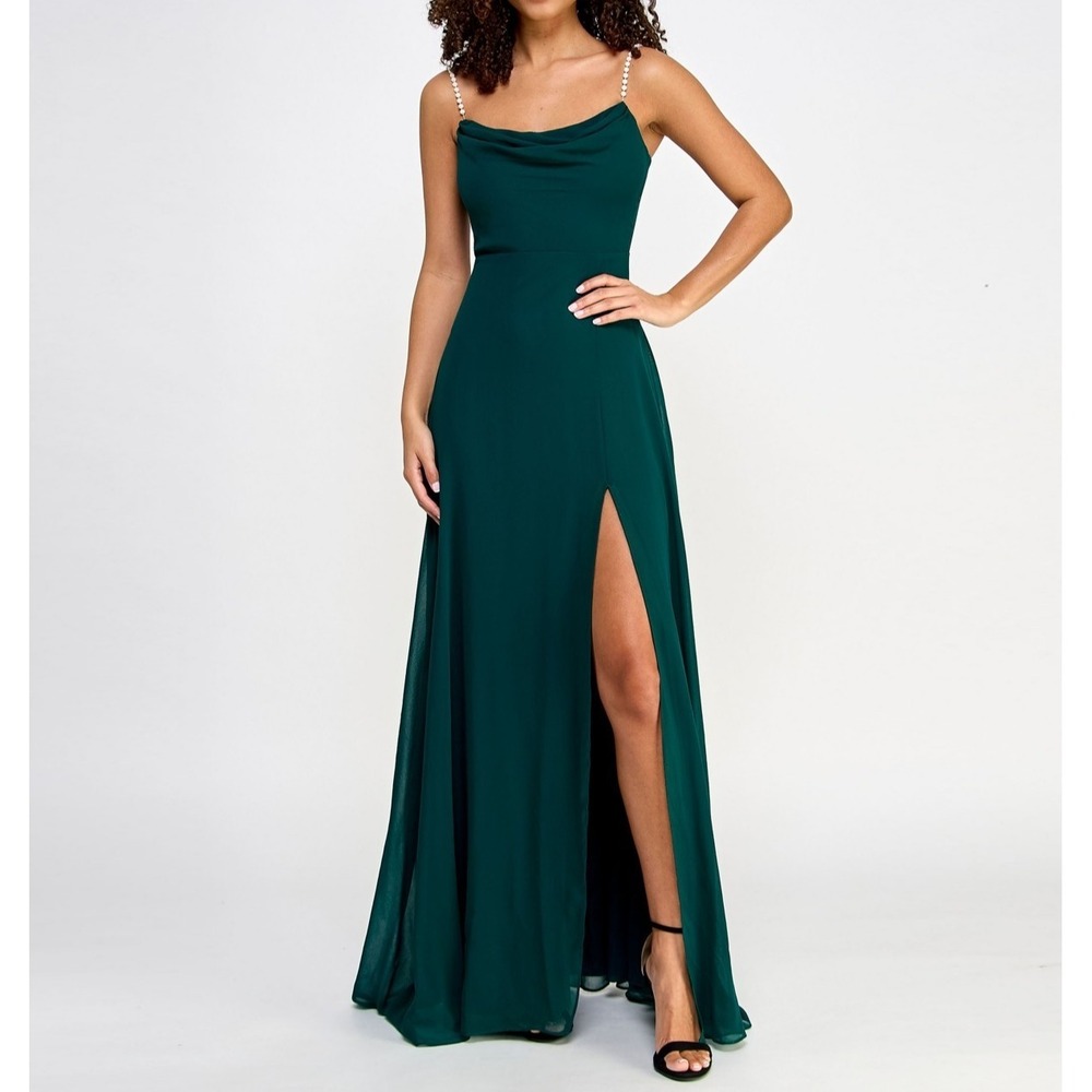 City Studios Juniors Drape Neck Faux Peal Strap Gown Junior Size 3/4 Deep Forest
